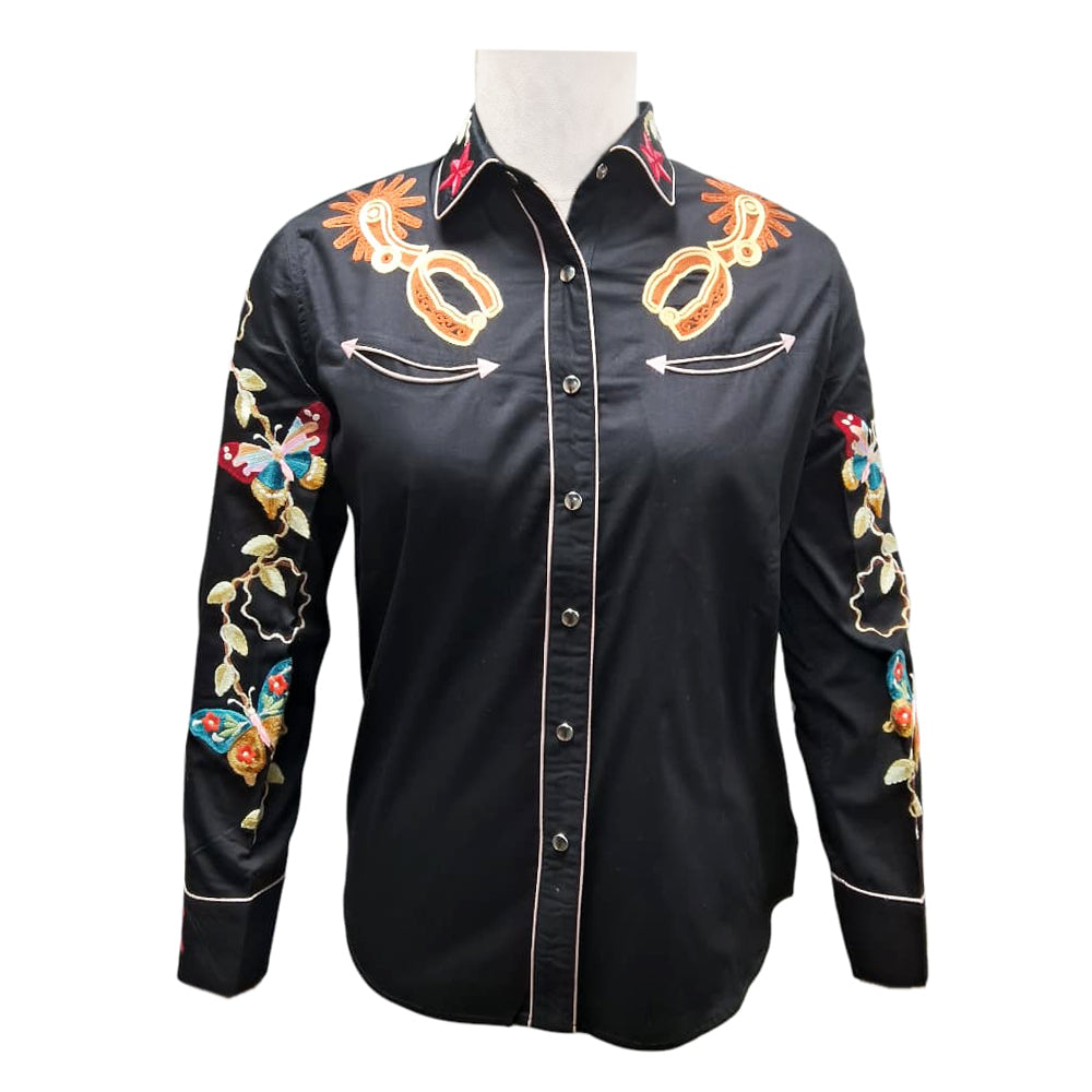 American Darling Black Embroidered Western Shirt – Satin Cotton Butterfly & Spur Snap Top