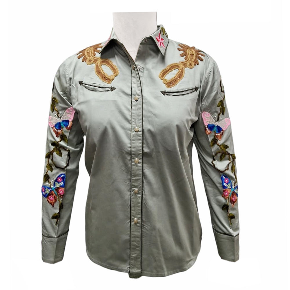 American Darling Sage Green Embroidered Western Shirt – Satin Cotton Butterfly & Spur Snap Top