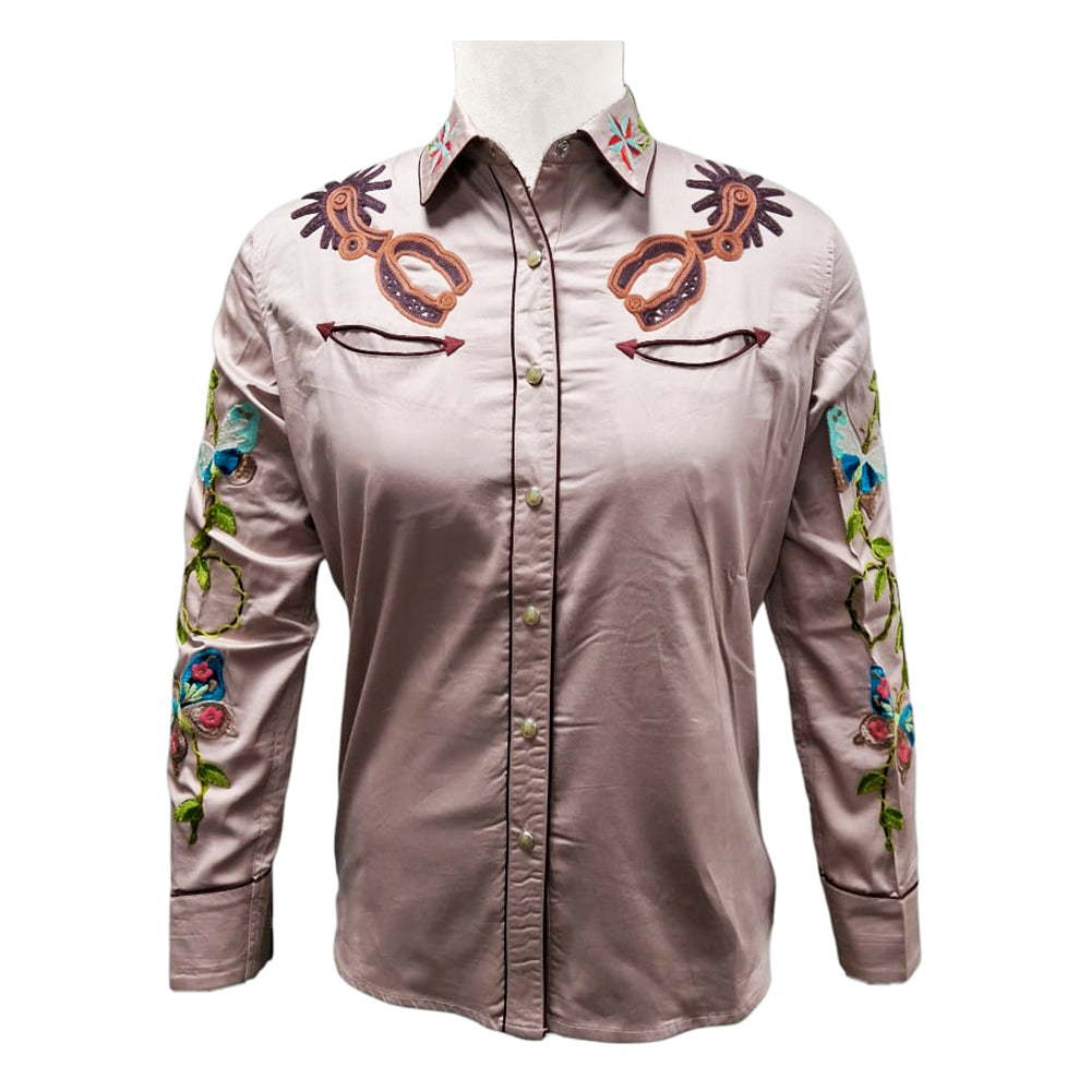 American Darling Light Mauve Embroidered Western Shirt – Satin Cotton Butterfly & Spur Snap Top