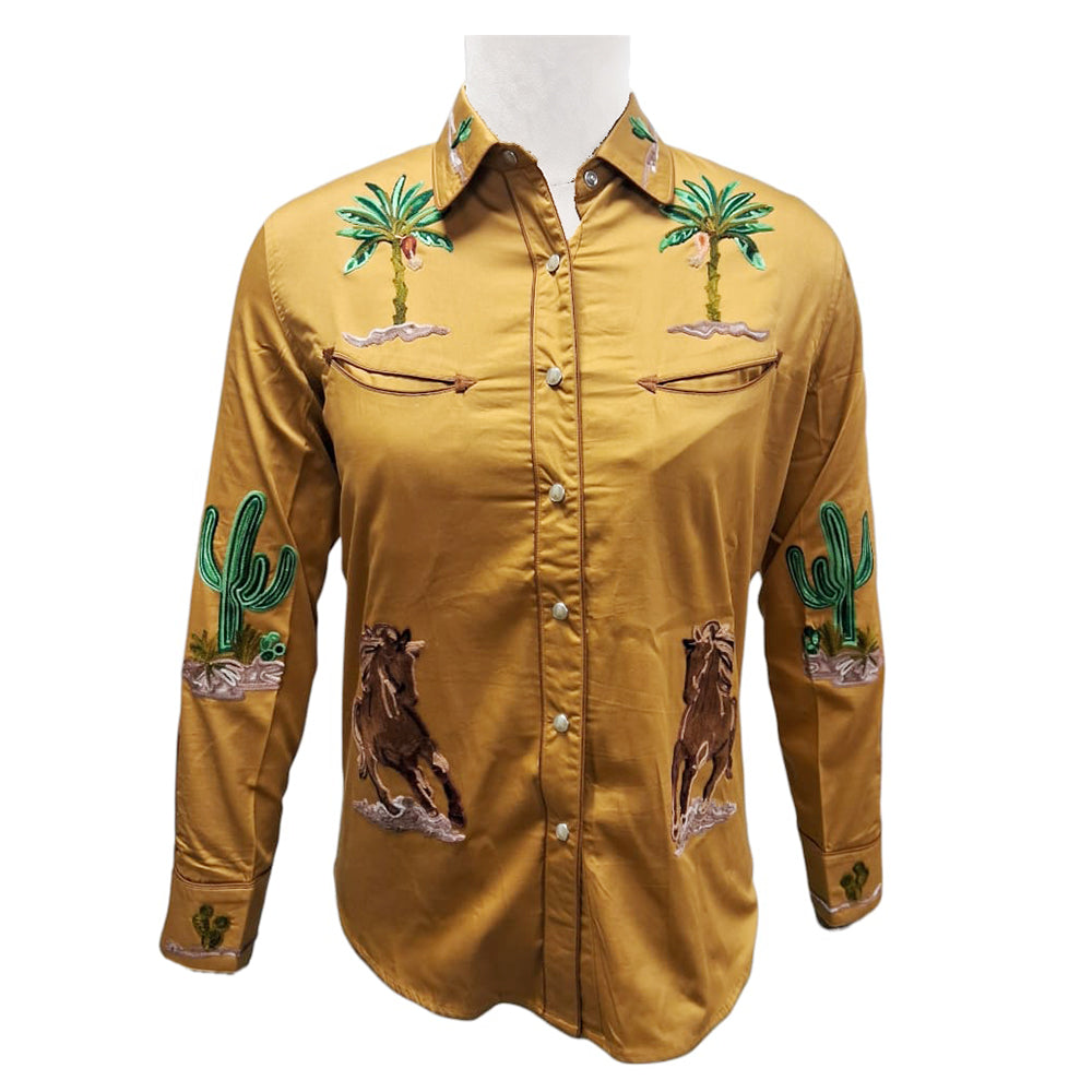 American Darling Mustard Yellow Embroidered Western Shirt – Satin Cotton Horse & Cactus Snap Top
