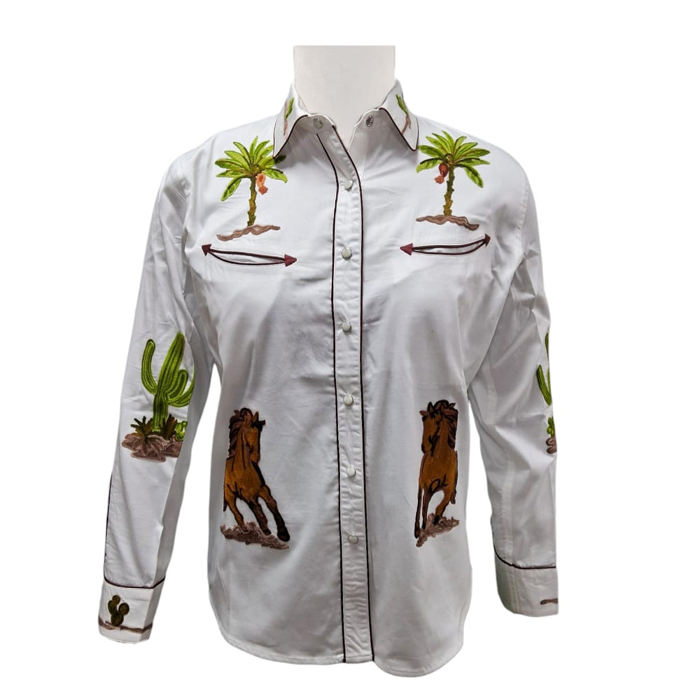 American Darling White Embroidered Western Shirt – Satin Cotton Horse & Cactus Snap Top