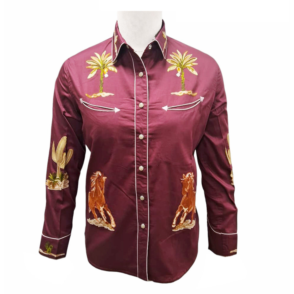 American Darling Maroon Embroidered Western Shirt – Satin Cotton Horse & Cactus Snap Top