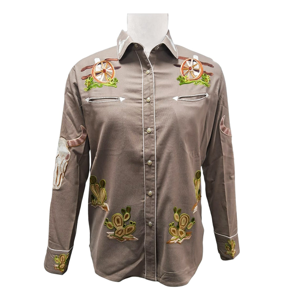 American Darling Taupe Embroidered Western Shirt – Cotton Lycra Longhorn & Cactus Snap Top