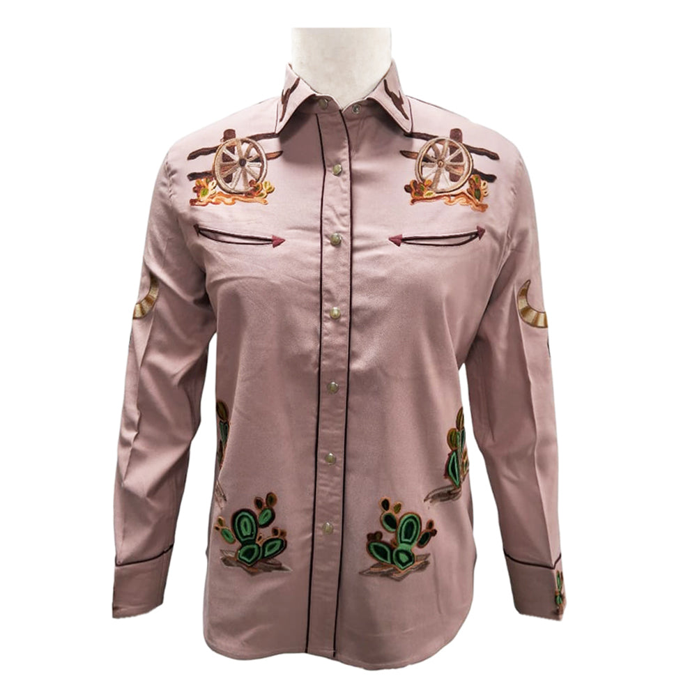 American Darling Blush Pink Embroidered Western Shirt – Cotton Lycra Wagon & Cactus Snap Top