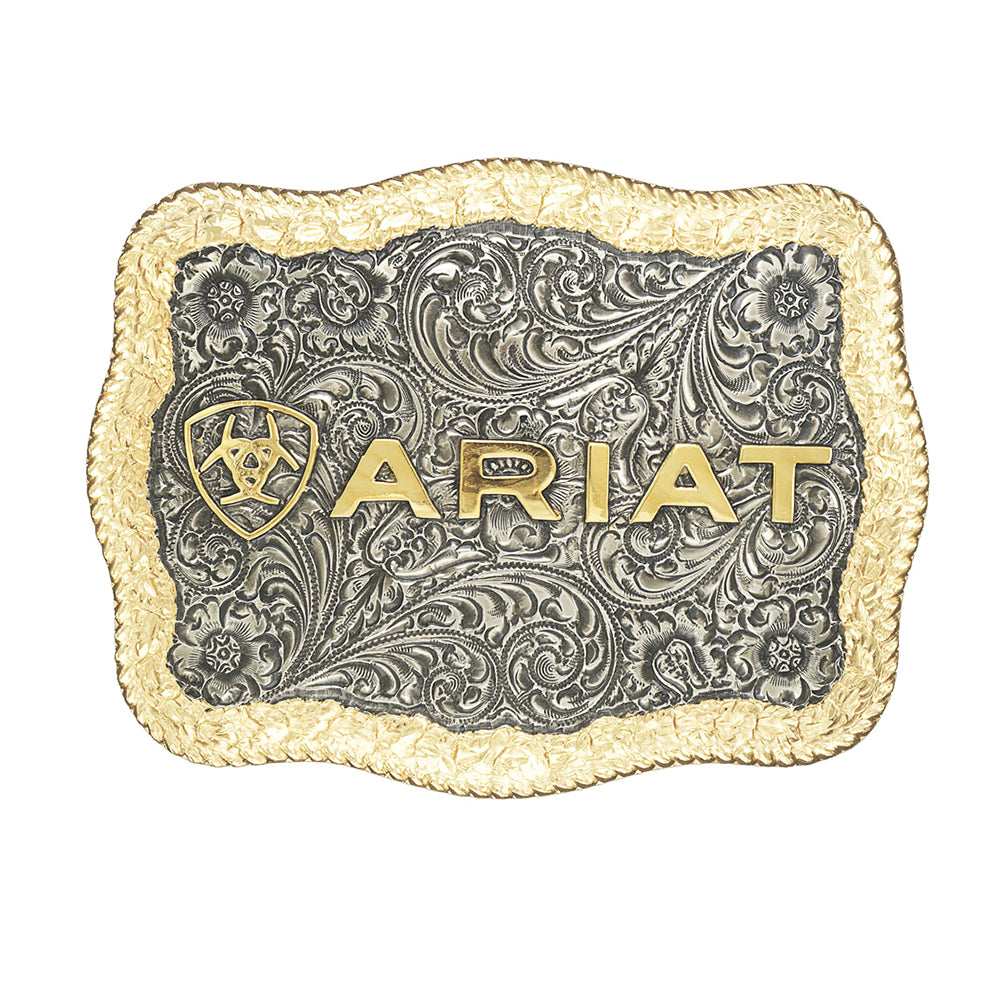 Ariat Men’s Large Two-Tone Rectangle Belt Buckle Antique Silver & Gold Finish Engraved with Shield Logo – 4-1/2" X 3-1/2"