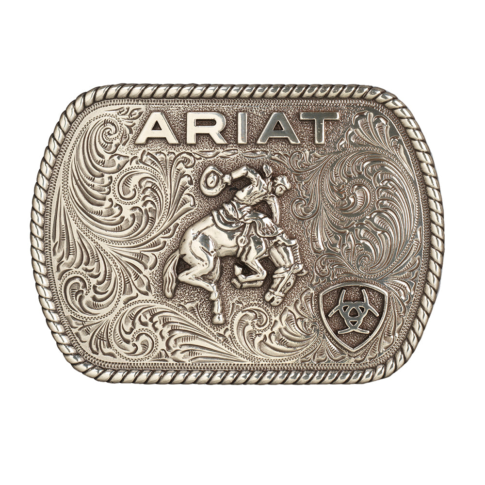 Ariat Men’s Vintage Saddle Bronc Belt Buckle – Antique Silver Finish – 3-1/2" x 2-1/2" Rectangle Trophy Buckle