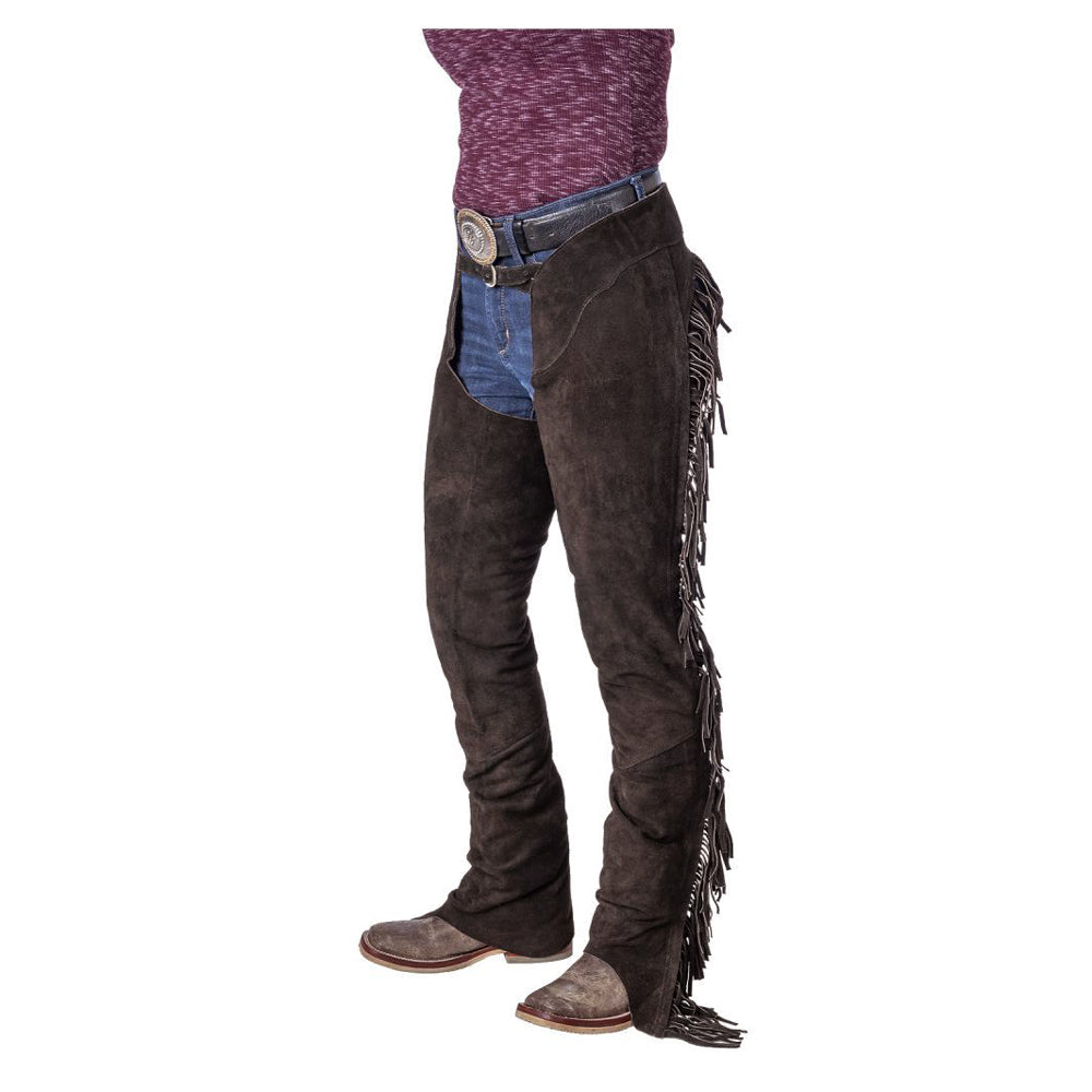 Tough1 Equitation Chaps Premium Suede Leather Western Riding Fringe XL Brown Adjustable Silver Concho