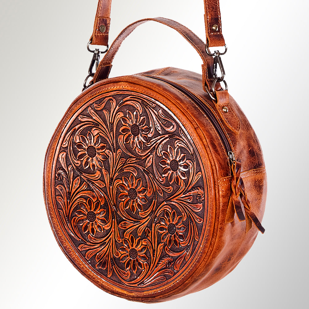 American Darling Canteen Bag Handcrafted from Hand Tooled Floral Leather and Full Grain Leather with YKK Zipper