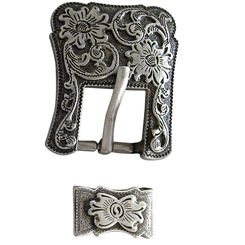 Western Screw Back Concho Antique Silver Buckle Set - 1.5 Inch