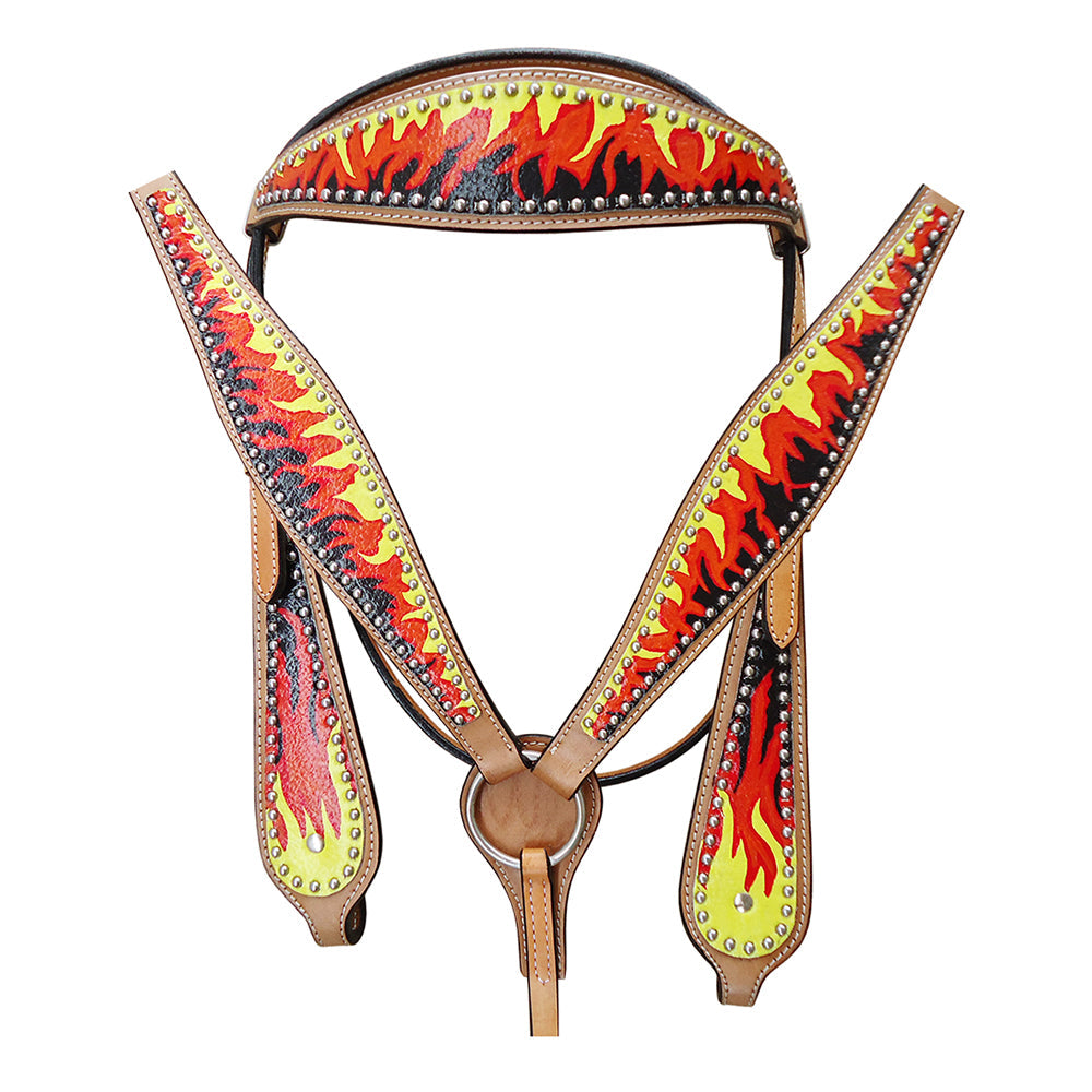 HILASON Western Horse Leather Headstall & Breast Collar Tack Set Flame