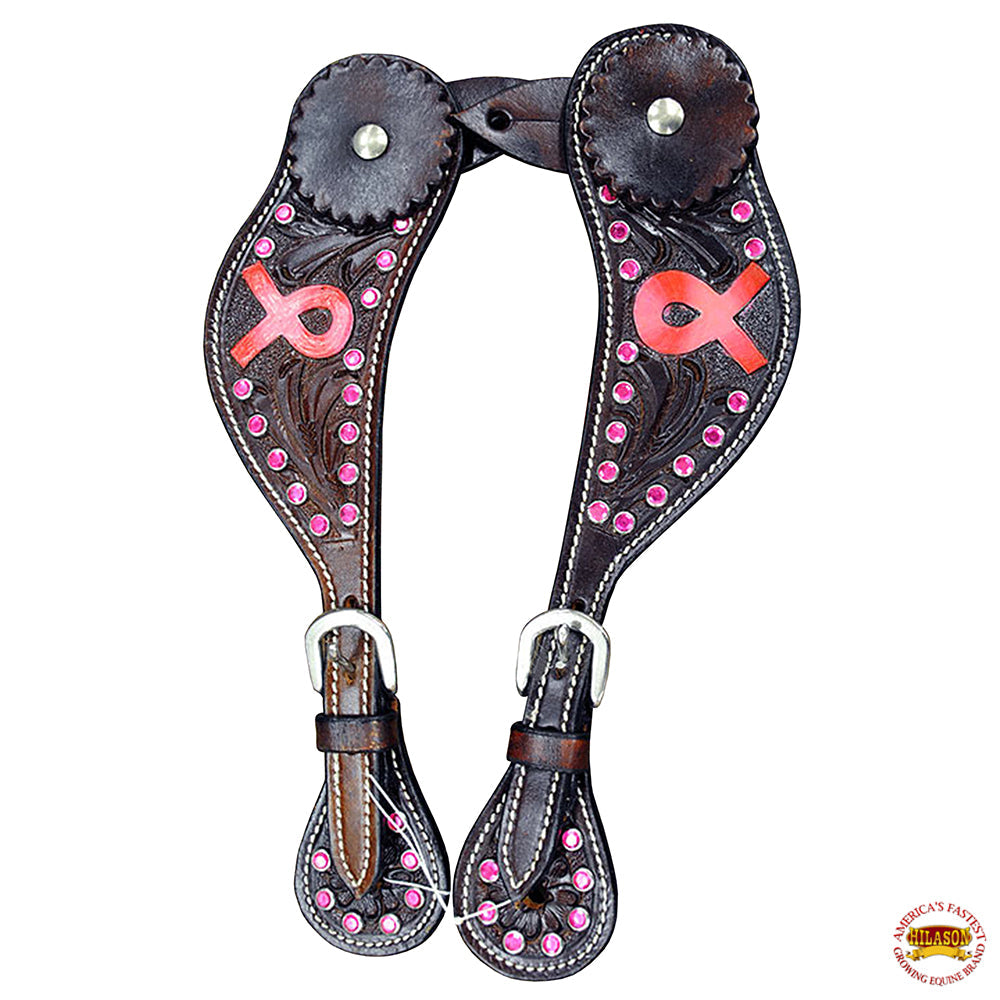 Hilason Western Ladies Spur Straps Leather W/ Red Breast Cancer Ribbon