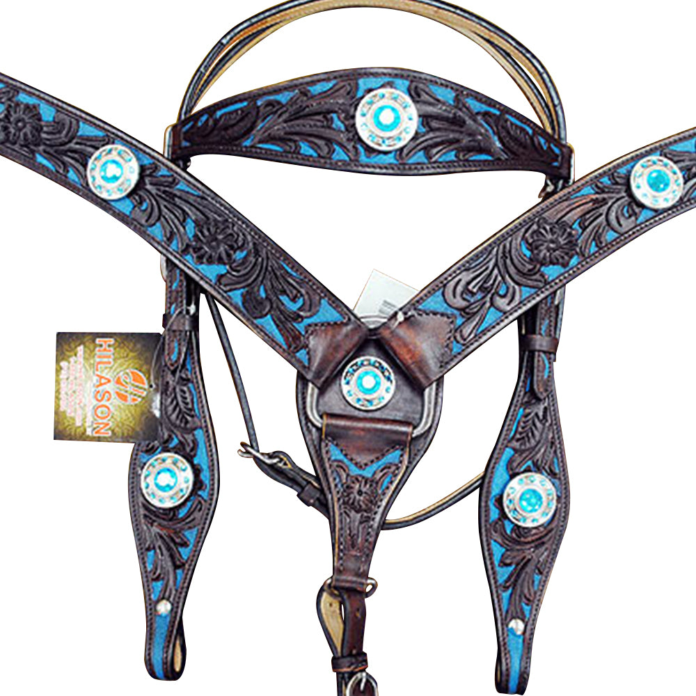 HILASON Western Horse Headstall Breast Collar Set American Leather Concho | Leather Headstall | Leather Breast Collar | Tack Set for Horses | Horse Tack Set