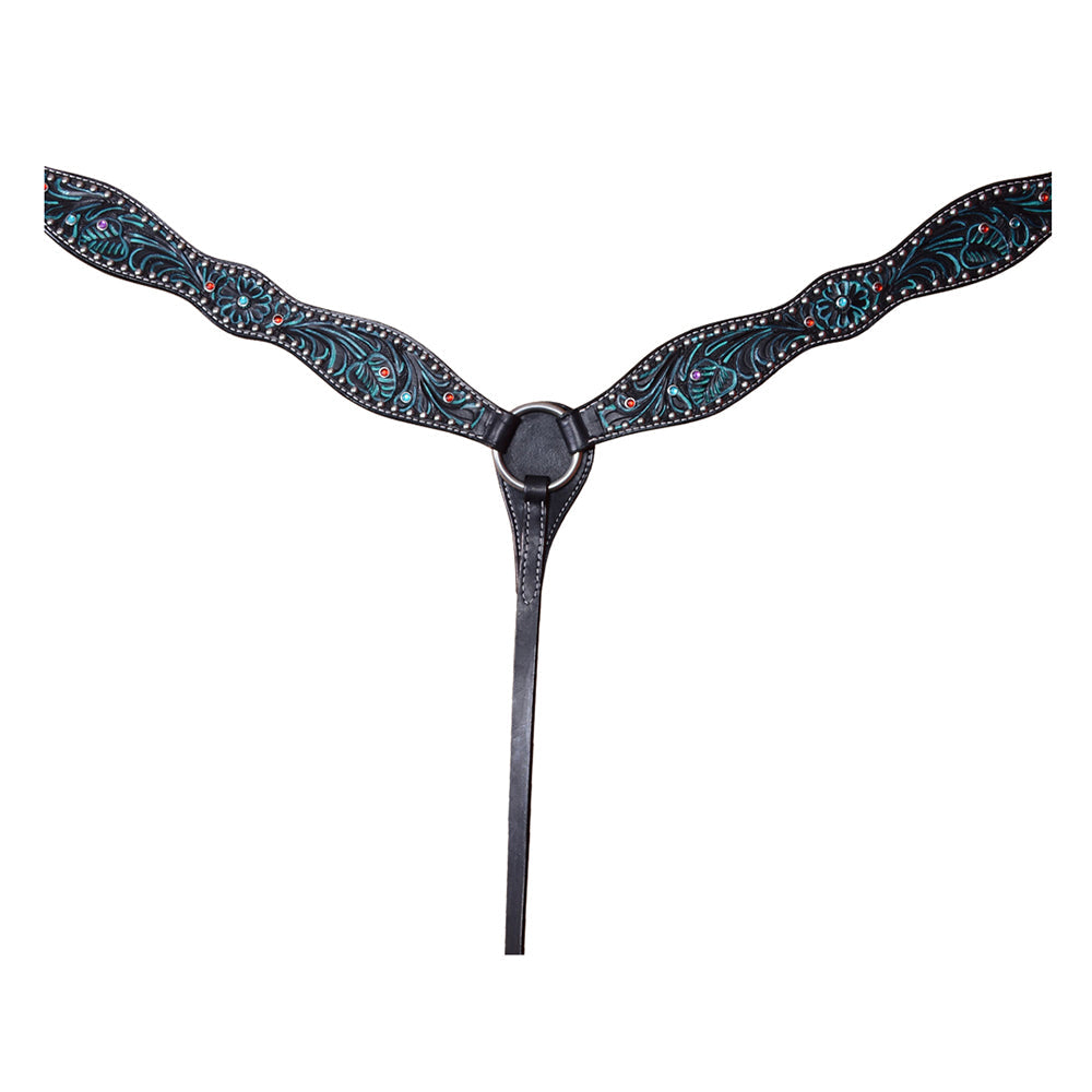 HILASON Horse Leather Breast Collar Floral Black With Turquoise Inlay