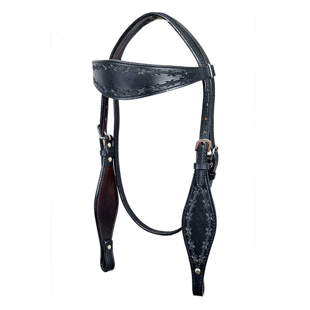 HILASON Western Horse Headstall Breast Collar Set Genuine American Leather Barb Wire Black | For Horses