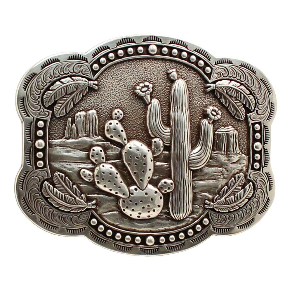 3 3/4 in x 1/4 Nocona Womens Belt Buckle Cactus Feathers Silver