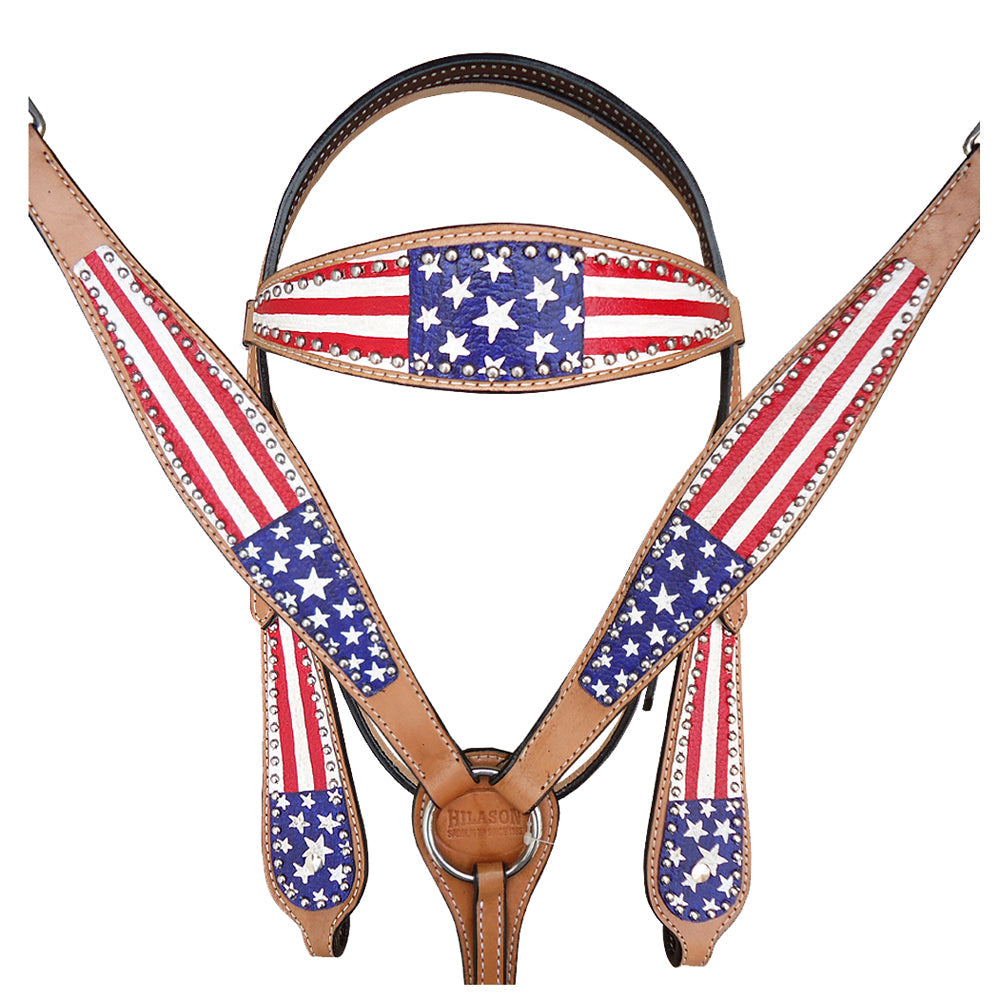 HILASON Western Horse American Leather Headstall and Breast Collar Set Tan US Flag | Bridle for Horses Headstalls