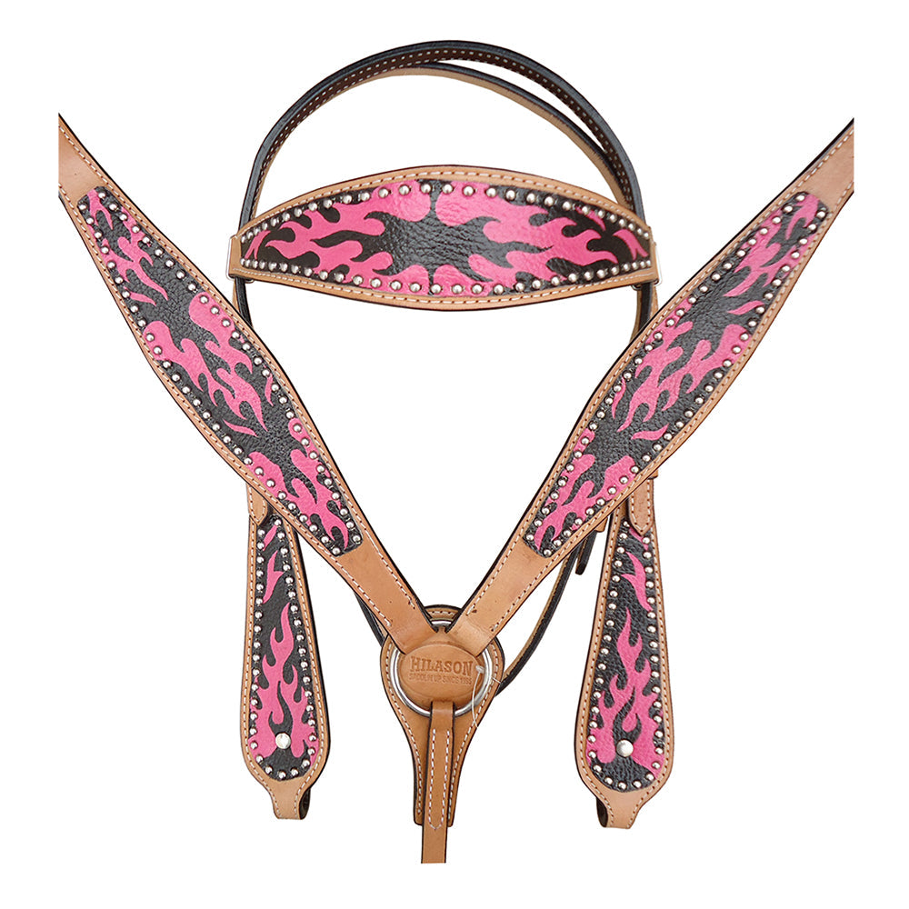 HILASON Western Horse Leather Headstall & Breast Collar Tack Set Pink Flame