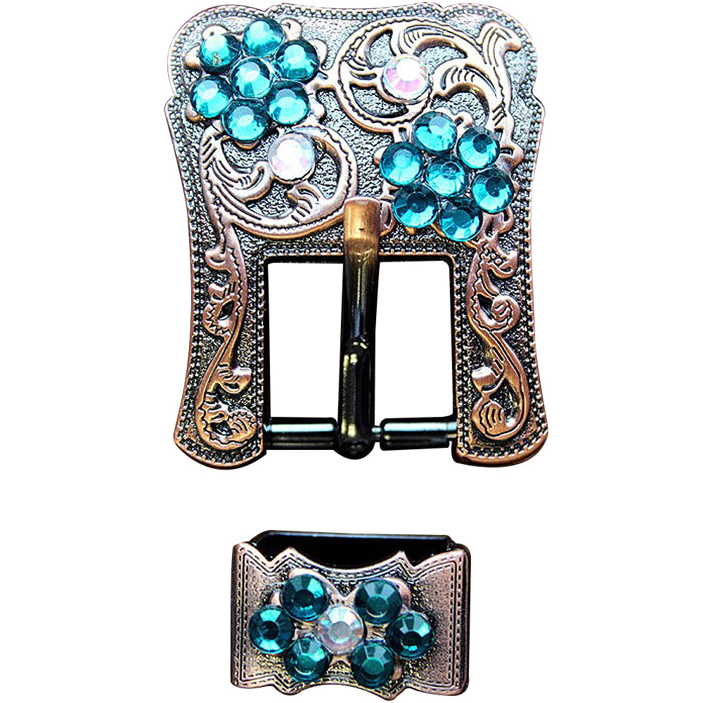 Hilason Screw Back Concho Emerald & AB Crystal Floral Copper Buckle Set  3/4 Inch