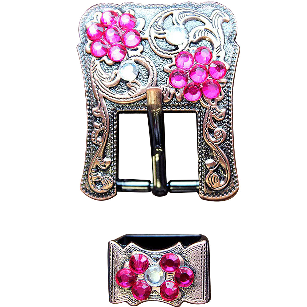 Hilason Screw Back Concho Fuschia & Crystal Floral Copper Buckle Set  3/4 Inch