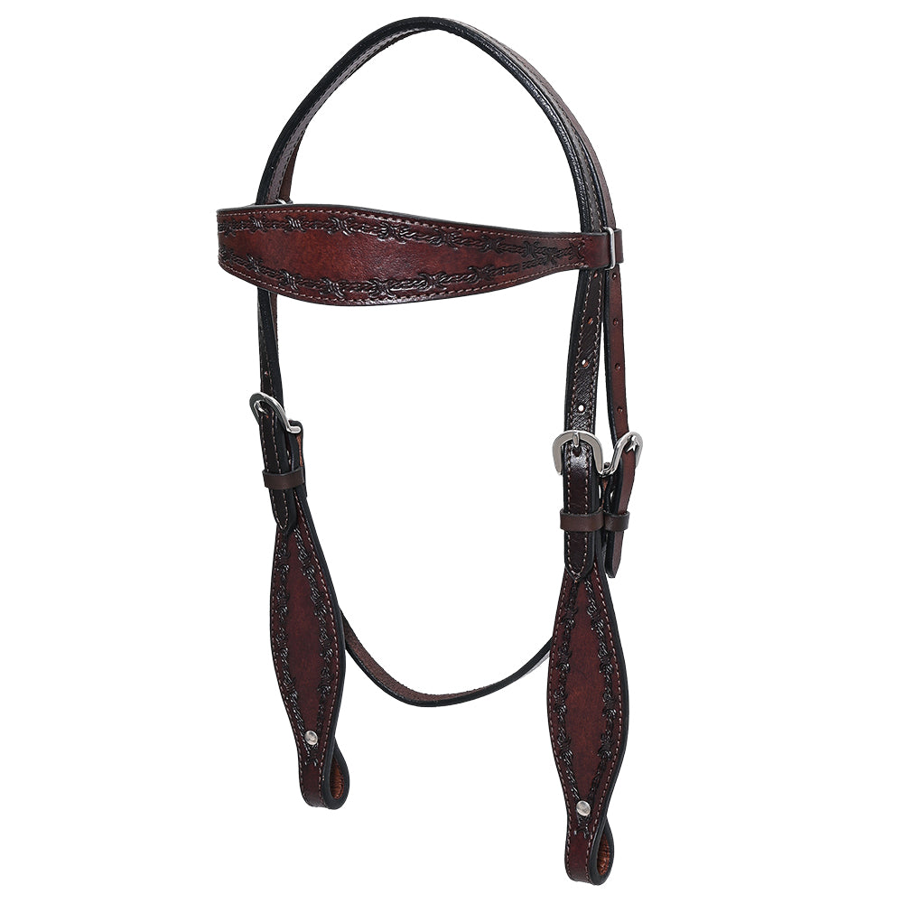 HILASON Western Horse Headstall Breast Collar Set Genuine American Leather Barb Wire Dark Brown | For Horses