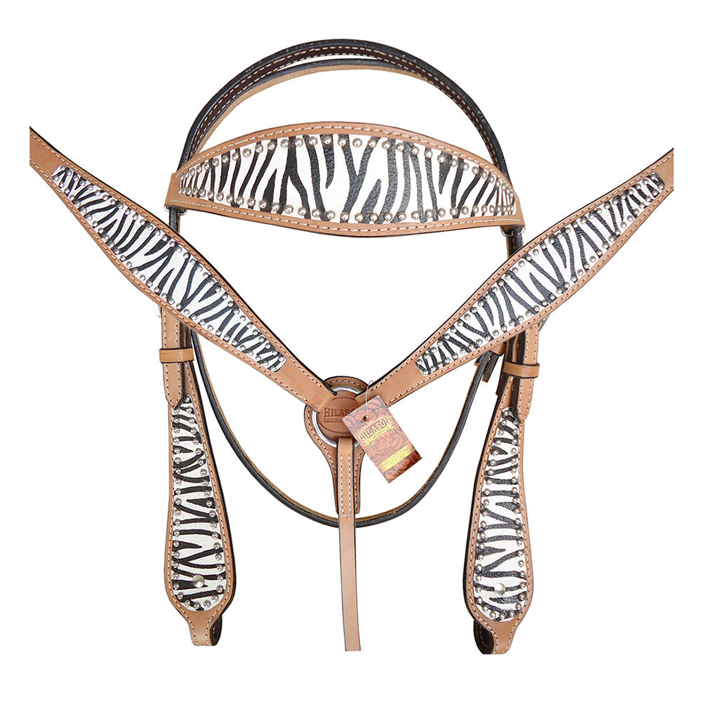 HILASON Western Horse Leather Headstall & Breast Collar Tack Set Zebra