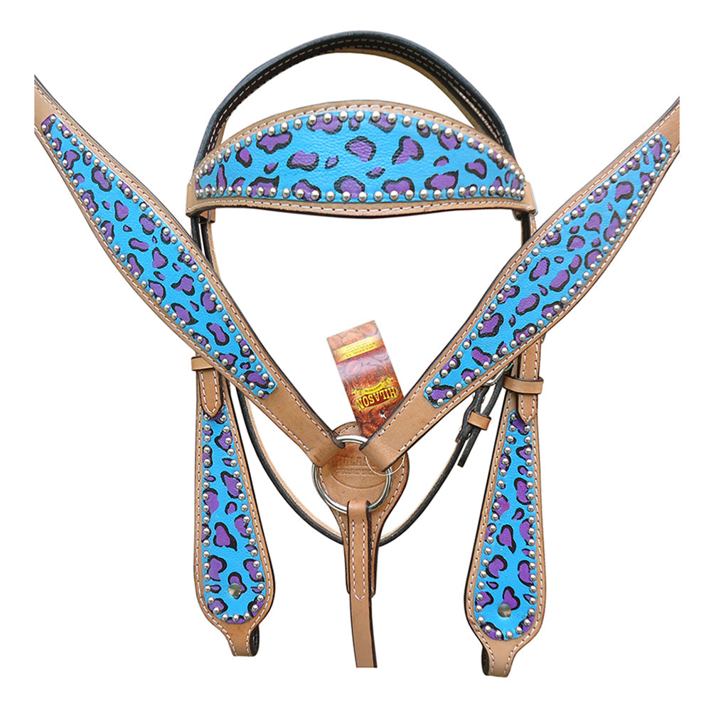 HILASON Western Horse Leather Headstall & Breast Collar Set Turquoise Cheetah