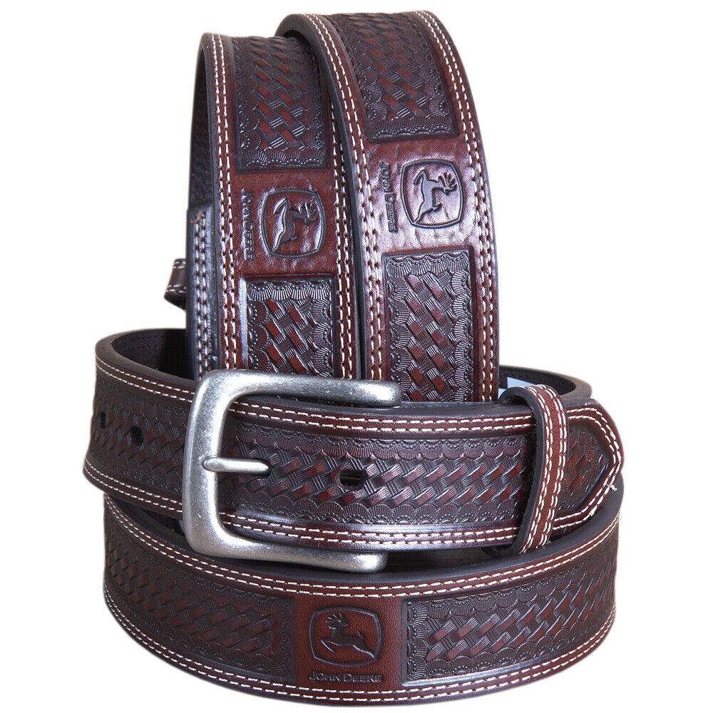 46" John Deere Wide Top Grain Basketweave Leather Mens Cowboy Belt Chocolate