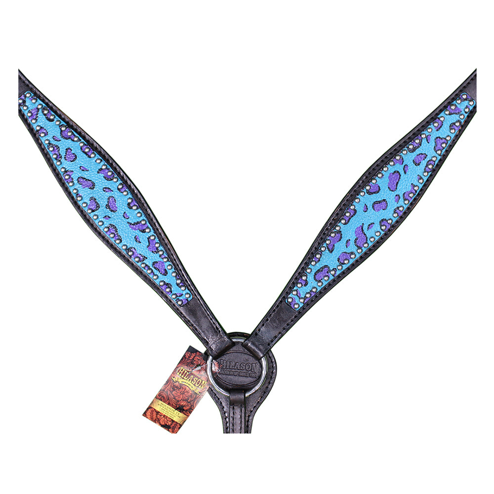 HILASON Western Horse Leather Headstall & Breast Collar Set Turquoise Cheetah
