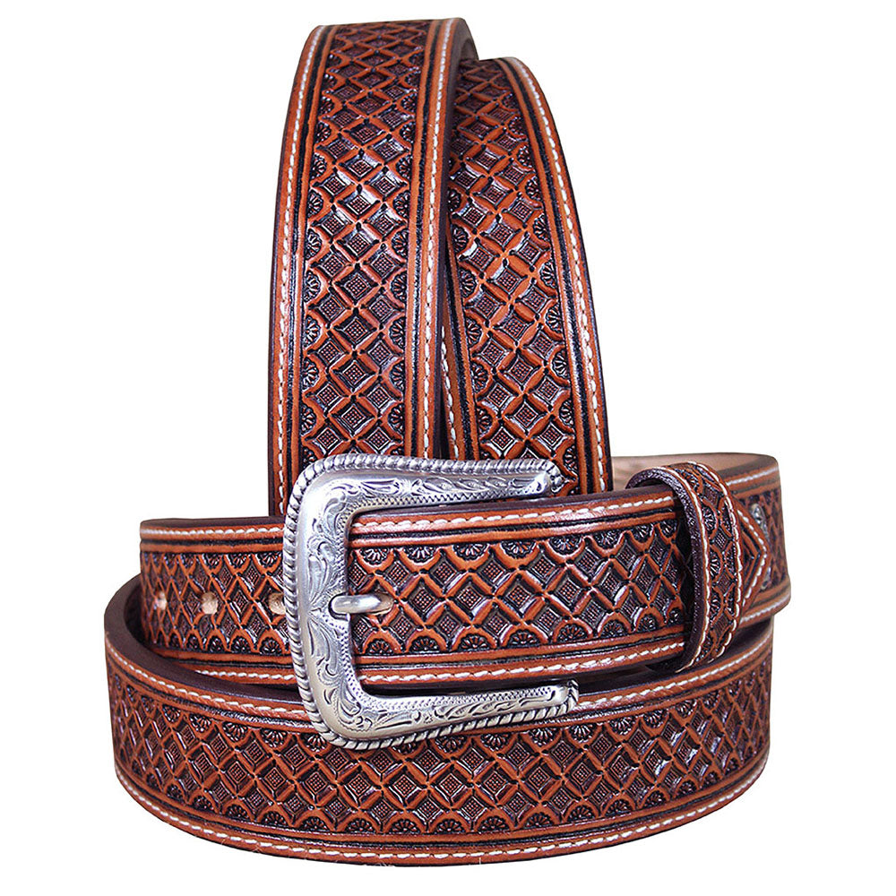 Western Nocona Leather Mens Belt Tooled Square Weave Copper 32-46 Ines