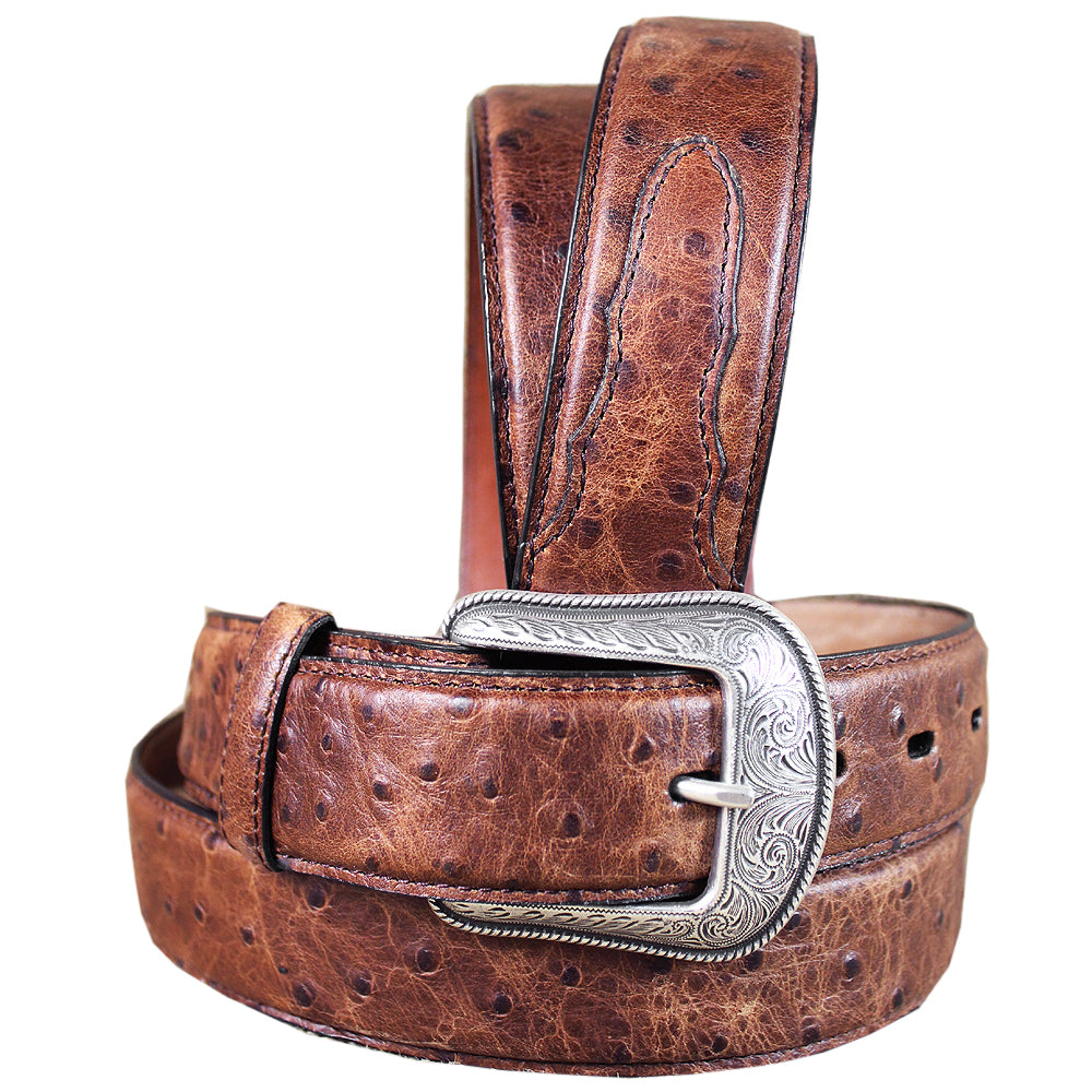 3D Men's Vintage Brown Ostrich Print Leather Belt Feathered Edge & Silver Buckle