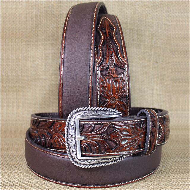 Western Belt Ariat Silver Buckle Leather Mens Tooled Floral 32-46