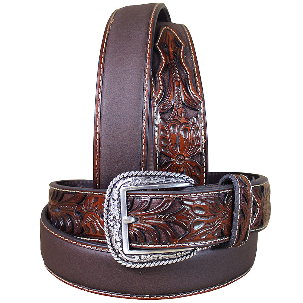 Western Belt Ariat Silver Buckle Leather Mens Tooled Floral 32-46
