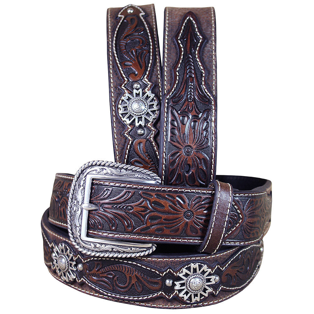 Ariat Men's 1.5" Full-Grain Leather Western Belt Cross Rowel Conchos Brown