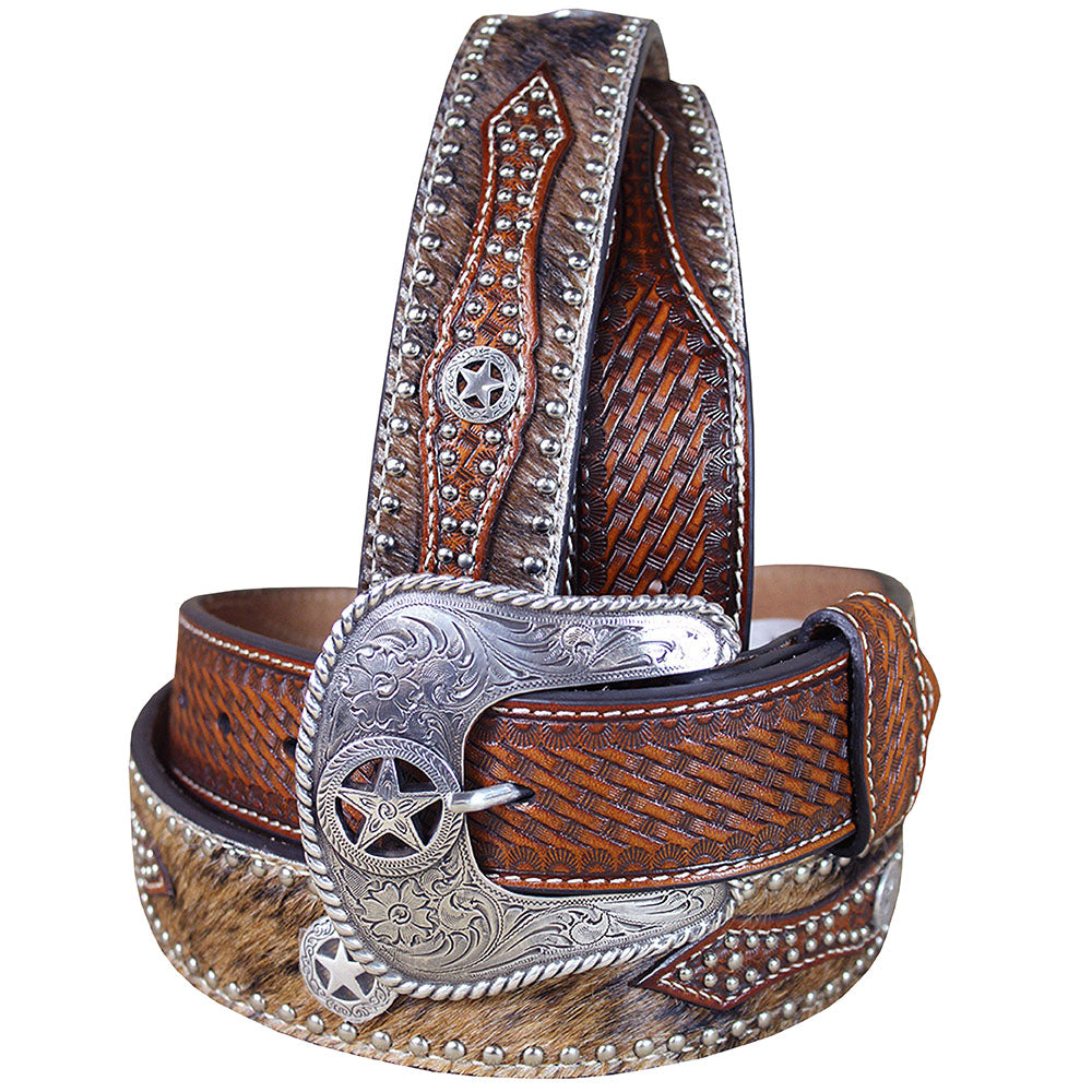 W. Cowboy Belt Nocona Hair Star Concho Brown Leather 34-46  display picture 1