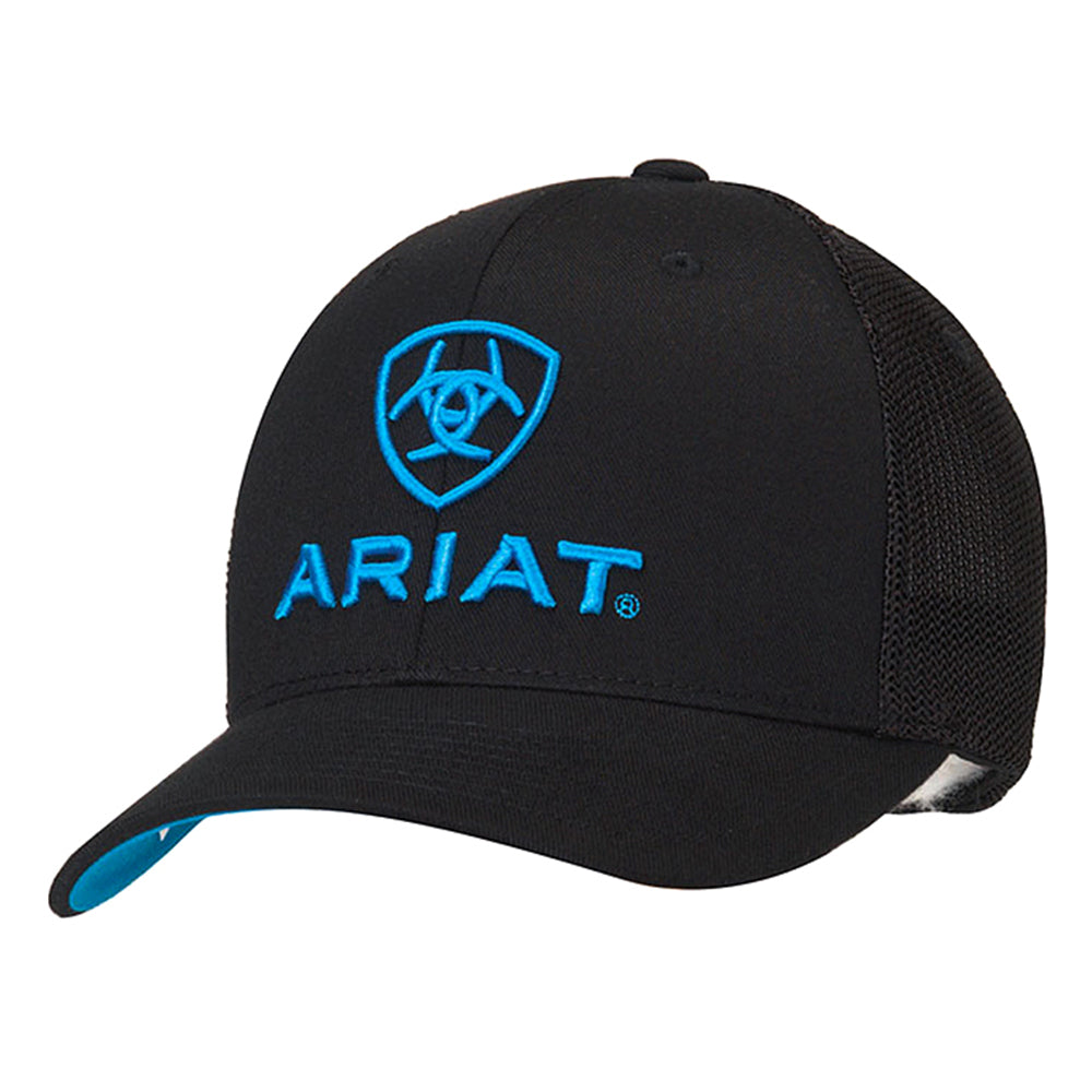 Ariat Cowboy Baseball Cap Black Turquoise Logo Mesh Side Flex Fit