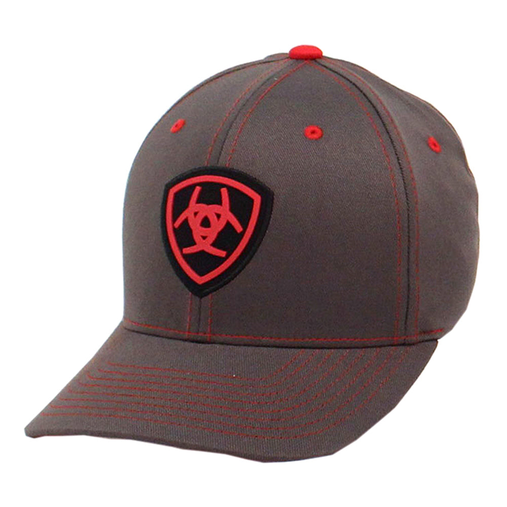 Ariat Western Mens Baseball Cap Cowboy Flex Fit Gray Red Logo