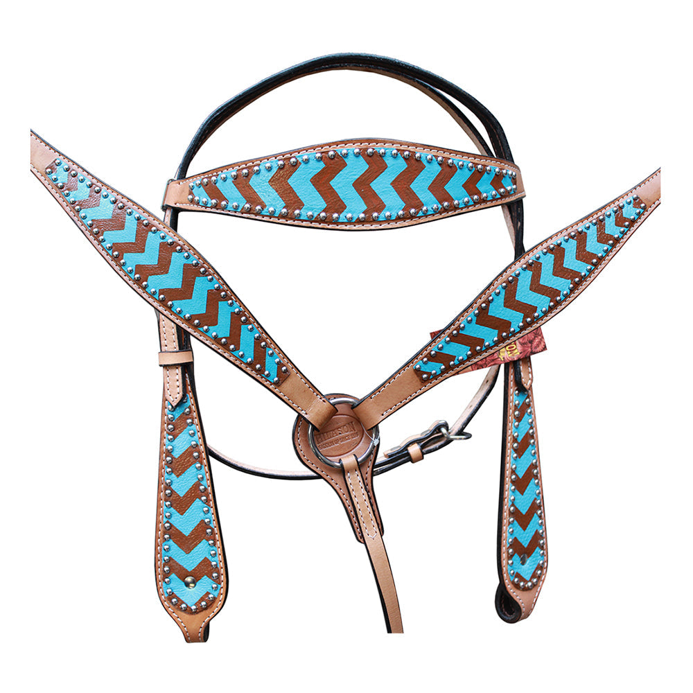 HILASON Western Horse Genuine Leather Headstall & Breast Collar Set Turquoise Brown Zigzag