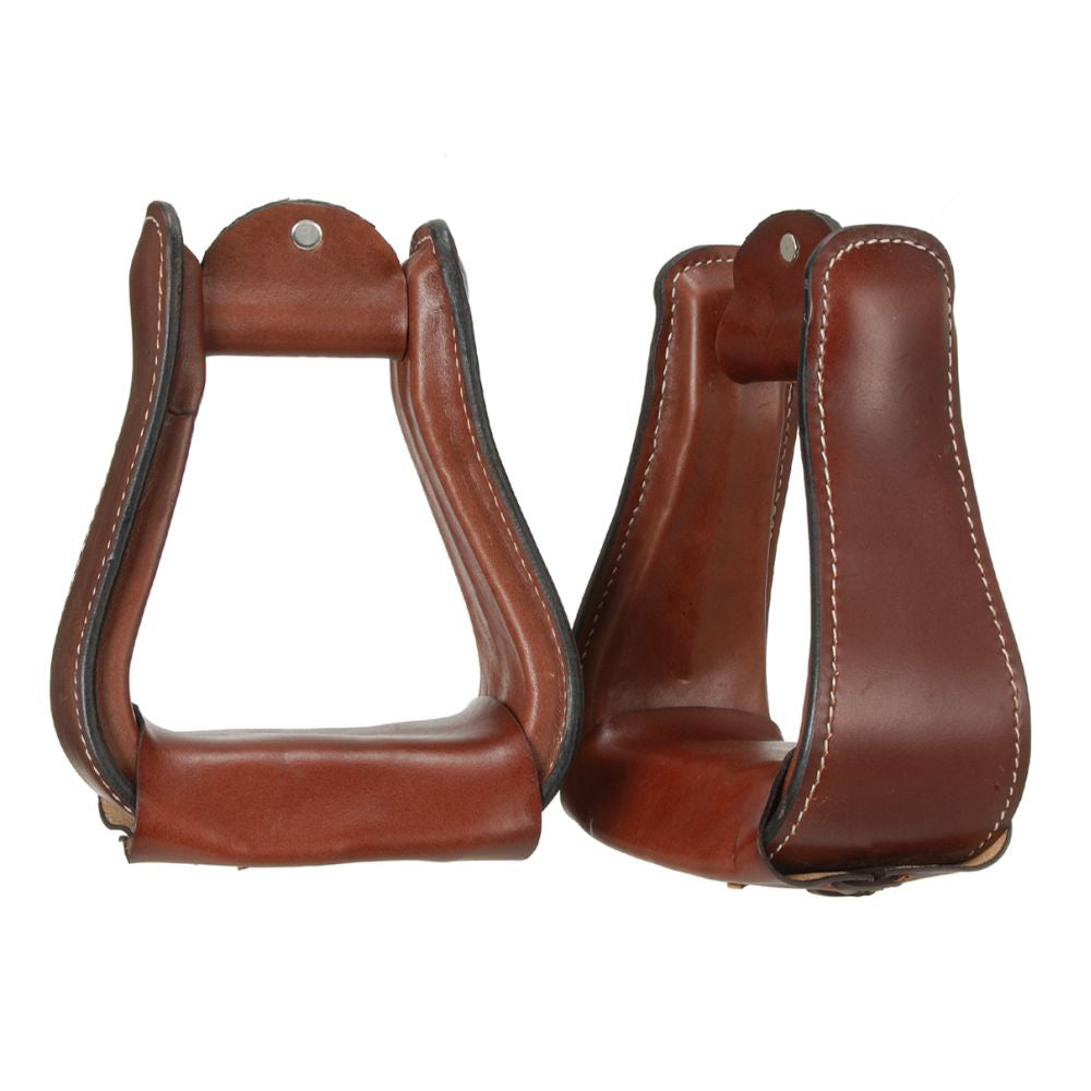 Tough 1 Wide Leather Covered Horse Stirrups Pair W/ Dark Oil 2 1/2" Neck