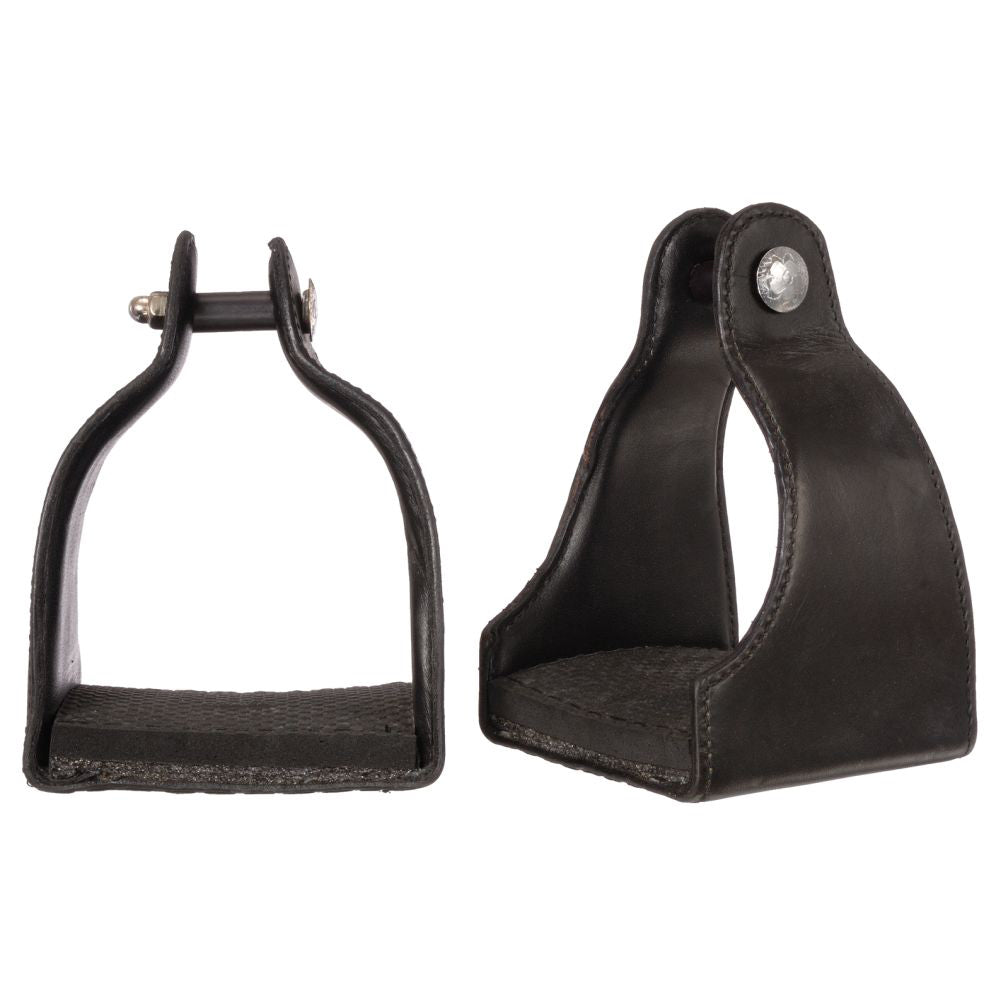 Tough 1 Leather Covered Padded Endurance Black Horse Stirrups Pair 4 1/2 Tread