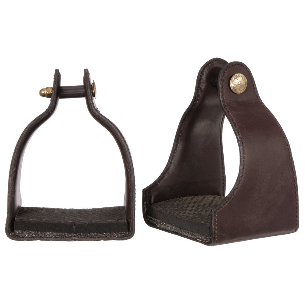 Tough 1 Leather Covered Padded Endurance Brown Horse Stirrups Pair 4 1/2 Tread