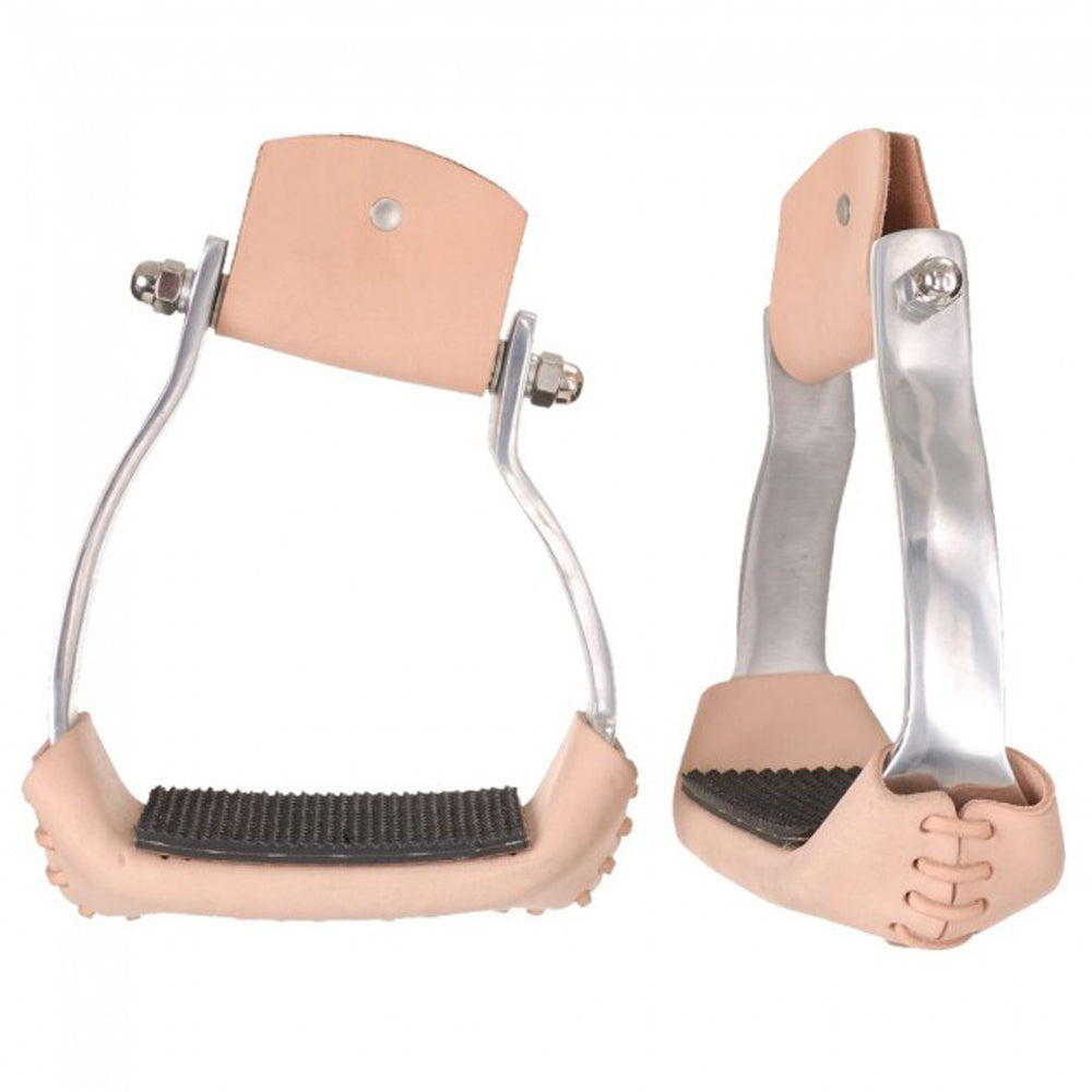 Tough 1 Lightweight Aluminium Leather Angled Horse Silver Stirrups Pair 4" Tread