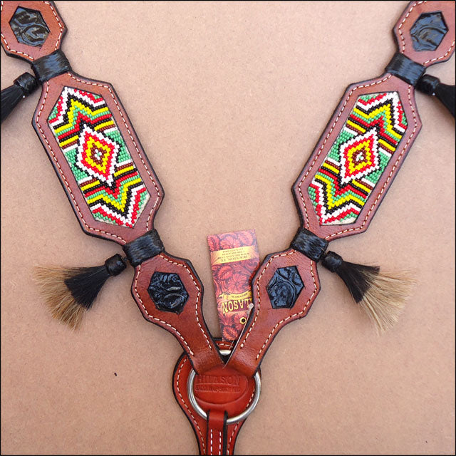 Hilason Western Leather Breast Collar Mahogany Beaded Inlay Hair Tassel