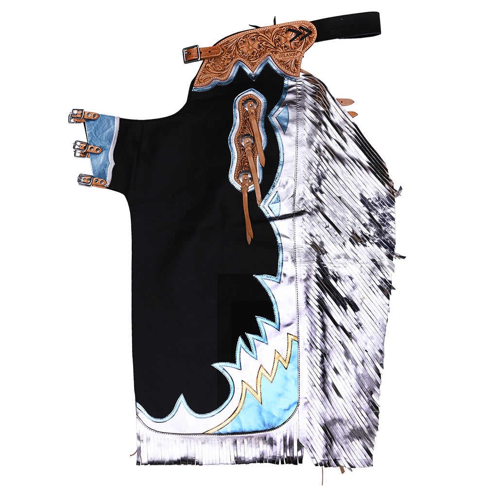 HILASON Bull Riding Chaps de Cuero genuino Rodeo Western Black Base | Leather for Men and Women Unisex