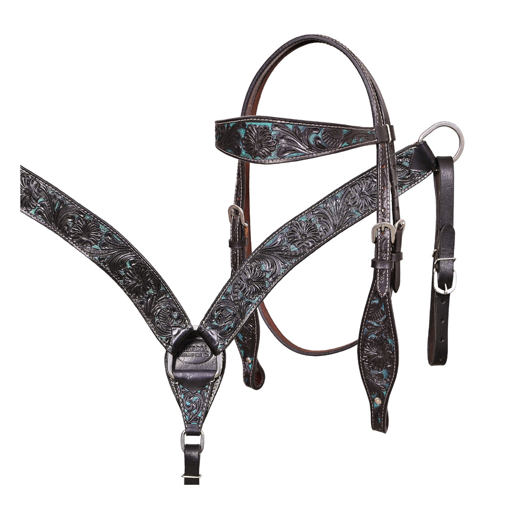 Western Horse Headstall & Breast Collar Tack American Leather Black Turquoise Hilason
