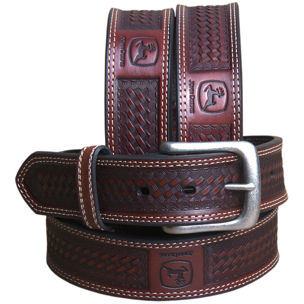 John Deere Brown Basket Weave Genuine Leather Belt for Men Durable Nickel Buckle