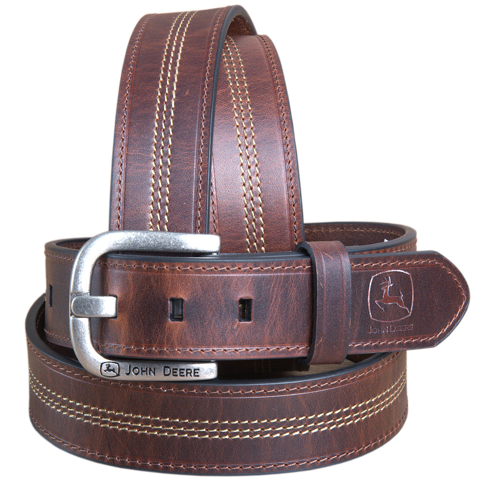 John Deere Men's 38MM Top-Grain Leather Belt Triple-Stitched Durable Brown Belt