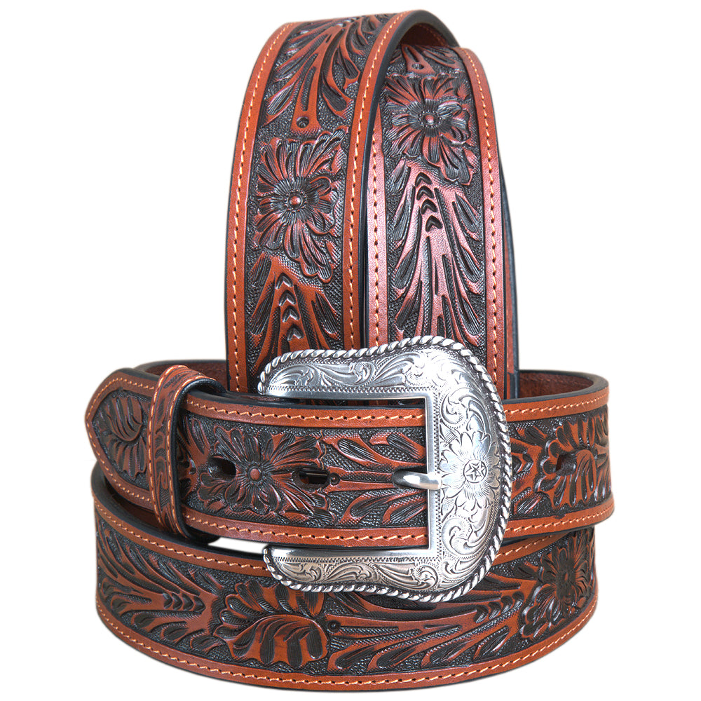44" Roper Mens Tan Hand Tooled Floral Design Belt With Silver Buckle