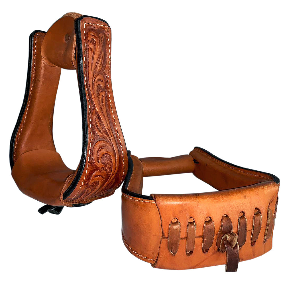 3 In Neck Circle Y Horse Saddle Floral Leather Covered Show Stirrups Pair