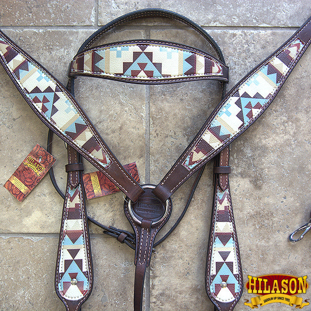Hilason Leather Horse Bridle Headstall Breast Collar Brown Aztec Painted