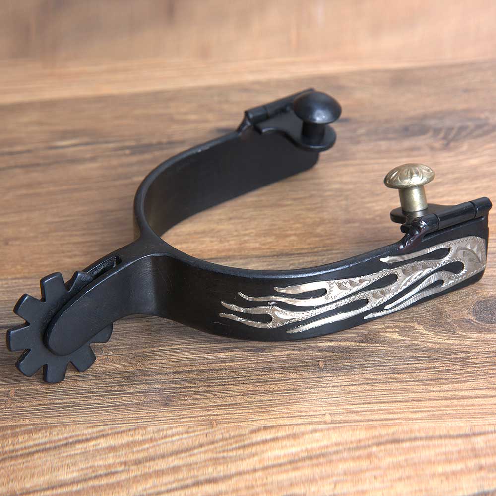 Hilason Western Black Steel Mens Flames Engraved Horse Riding Spurs Pair